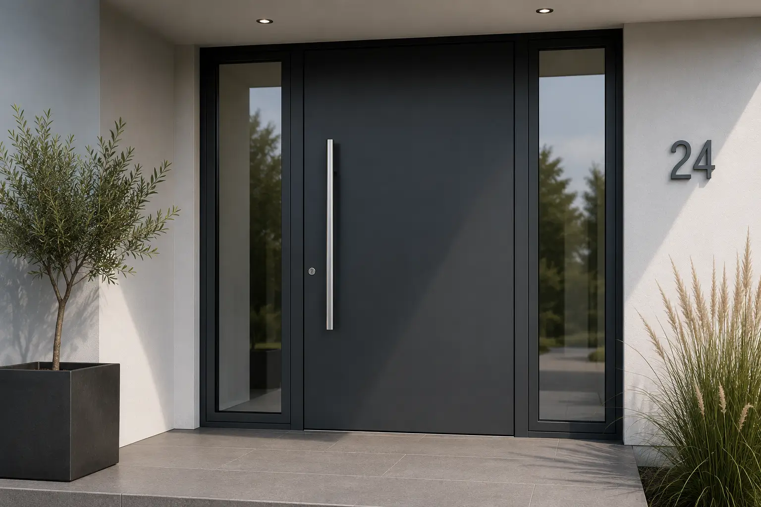 Moderne Haustür in dunkler Farbe